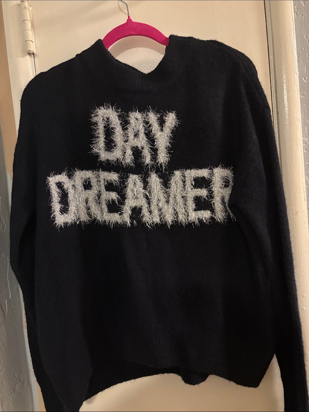 H&M Black Crewneck Sweater with White Fuzzy "DAY DREAMER" Lettering